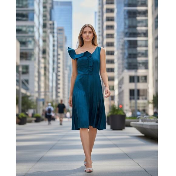Flor Et.Al Dresses & Skirts - Flor Et.Al One Shoulder Teal Pleated Cocktail Dress Size 2 Asymmetrical Formal